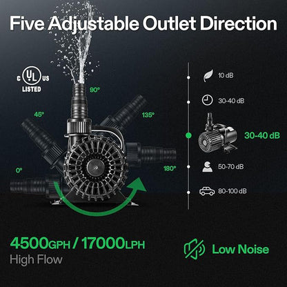 VIVOSUN 4500 GPH Submersible Water Pump, 220W Pond Pump, Ultra Quiet Aquarium Pump with 19FT. Lift Height for Pond Waterfall, Fish Tank, Statuary, or Hydroponics