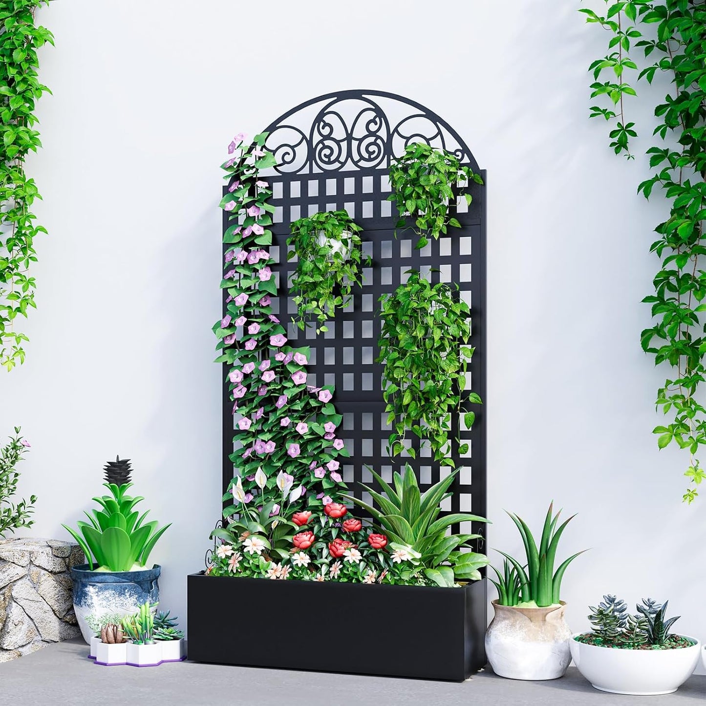 Metal Raised Garden Bed with Trellis, 79"x40"x11.8" Planter Box Outdoor with Privacy Screen Fence for Patio, Freestanding Garden Planter with Drainage Holes for Climbing Plants Flower Vegetable