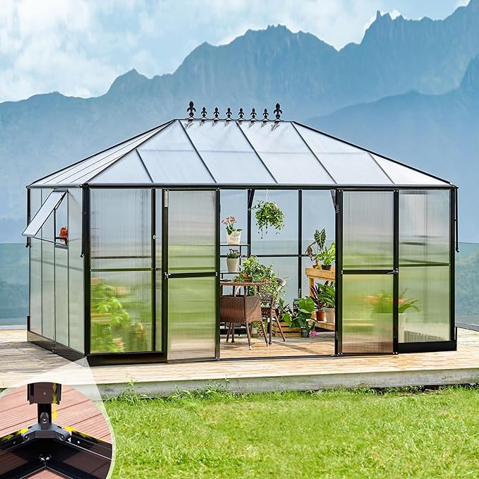AMERLIFE 14x9.5x9FT Walk-in Polycarbonate Greenhouse with Quick Connector, Fast Assembly Aluminum Greenhouse for Outdoors, Swing 2 Doors, Black