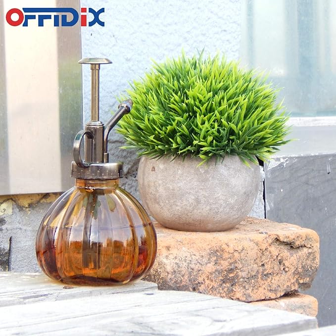 OFFIDIX Glass Watering Spray Bottle,Plant Mister Flower Water Spray Bottle Can Pot 6.3" Tall Vintage Pumpkin Style Spritzer Bronze Plastic Top Pump One Hand Glass Watering Can Indoor(Brown)