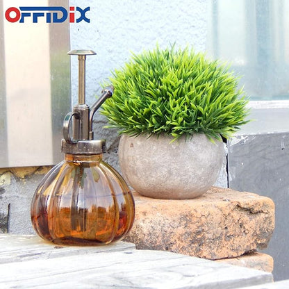 OFFIDIX Glass Watering Spray Bottle,Plant Mister Flower Water Spray Bottle Can Pot 6.3" Tall Vintage Pumpkin Style Spritzer Bronze Plastic Top Pump One Hand Glass Watering Can Indoor(Brown)