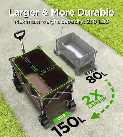 Beach Wagon,CollapsibleWagon 220lbs with Big Wheels Foldable Wagon Carts,Portable Utility for Garden Grocery Sports Camping All Terrain-Khaki