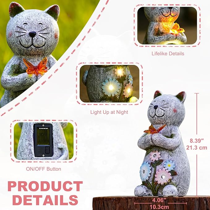 Solar Garden Statue Cat Figurine – Outdoor Decoration with Butterfly for Garden Yard Lawn Home Decor Outside : Unique Gifts for Mom Grandma