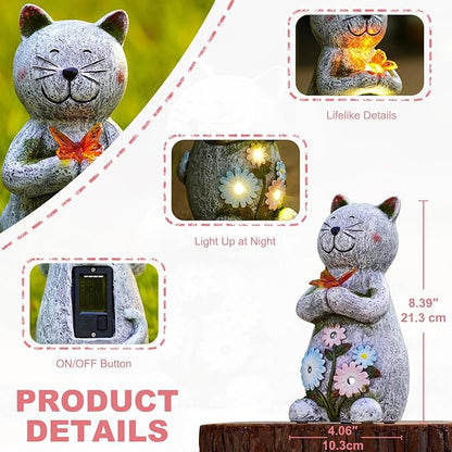 Solar Garden Statue Cat Figurine – Outdoor Decoration with Butterfly for Garden Yard Lawn Home Decor Outside : Unique Gifts for Mom Grandma