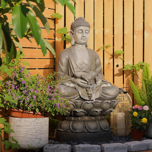 Buddha Water Fountain Outdoor Large Sitting Lotus Base Waterfall Fountains Zen Water Feature Indoor with LED Light for Garden Patio Backyard Deck Lawn Porch Balcony Home 45 inches Gray