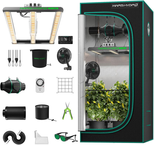 MARS HYDRO 3x3 Smart Grow Tent Kit Complete System with Temperature Humidity Controller,150W FC1500 App Dimming Grow Light,1680D High Reflective Mylar,with 4inch Automatic Ventilation System
