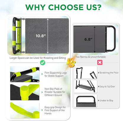 10.8” Wide Garden Kneeler and Seat, Heavy Duty Foldable Gardening Stool with Tool Belt Pouch, Included Thickened Kneeling Pad, Portable Gardening Bench Chair for Seniors & Parents