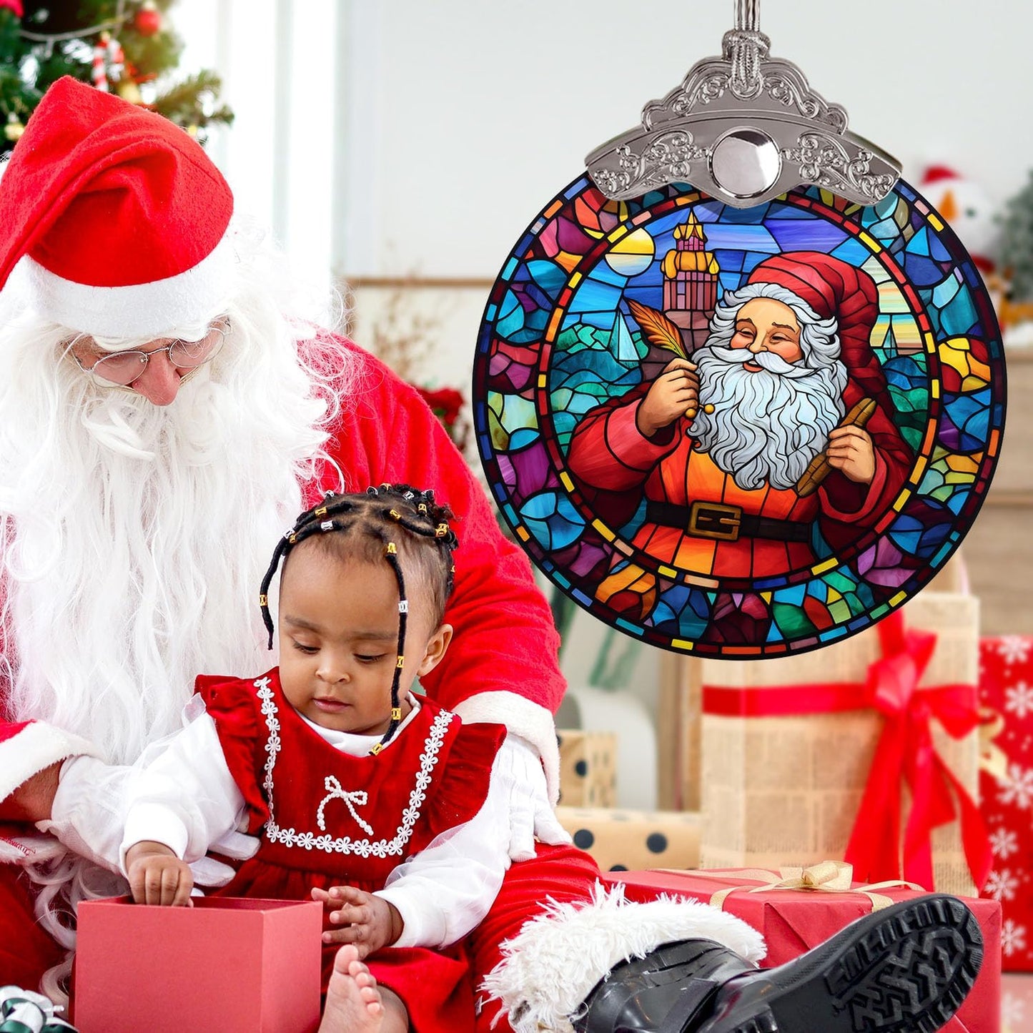 Retro Style Funny Santa Claus Hanging Decors, Santa Claus Colorful Christmas Ornament, Santa Stained Glass Ornament for Xmas, Santa Claus Ornament for Xmas, Santa Ornaments Gift Xmas