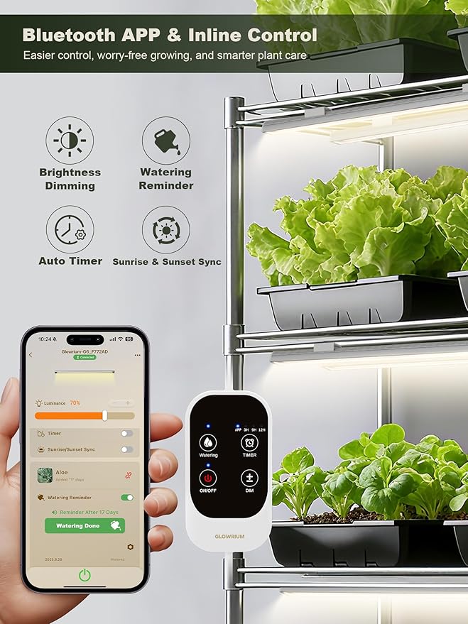 GLOWRIUM Smart Grow Lights for Indoor Plants with APP, 15" Full Spectrum Grow Light Strips, G6 Plant Light Strip with auto Timer, 3 Angle dimming Levels for Plant Shelf, 6-Pack (Silver, 48W)