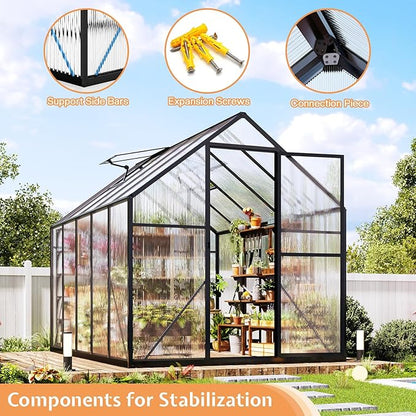 Jocisland 6x10x6.3 FT Polycarbonate Greenhouse for Outdoors with 2 Windows, Dual Swing Doors, Aluminum Walk-in Frame, Heavy Duty Garden Greenhouse for Backyard, Black