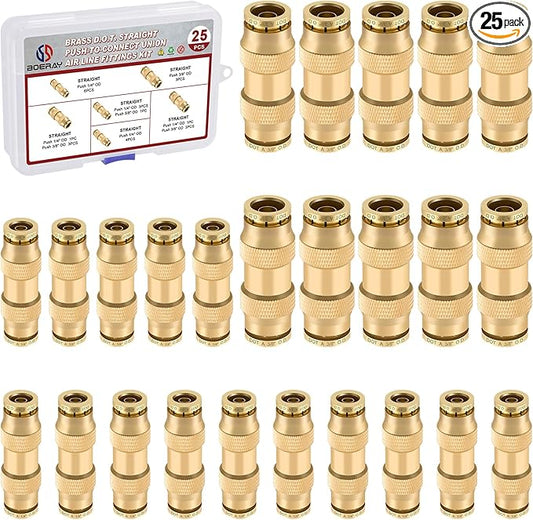 25pcs Quick Connect Brass DOT Air Line Fittings Straight Union 1/4” 3/8” Tube Push to Connect Fittings Air Suspension Fittings Straight Air Brake Union Push Lock Pneumatic Air Hose Fittings