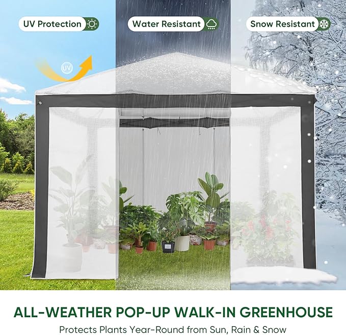 EAGLE PEAK 10x10 Portable Walk in Greenhouse with Polyester Reinforced Corners, Instant Pop up Indoor Outdoor Gardening Green House, Roll Up Zipper Entry Doors and Mesh Windows, Gray/White