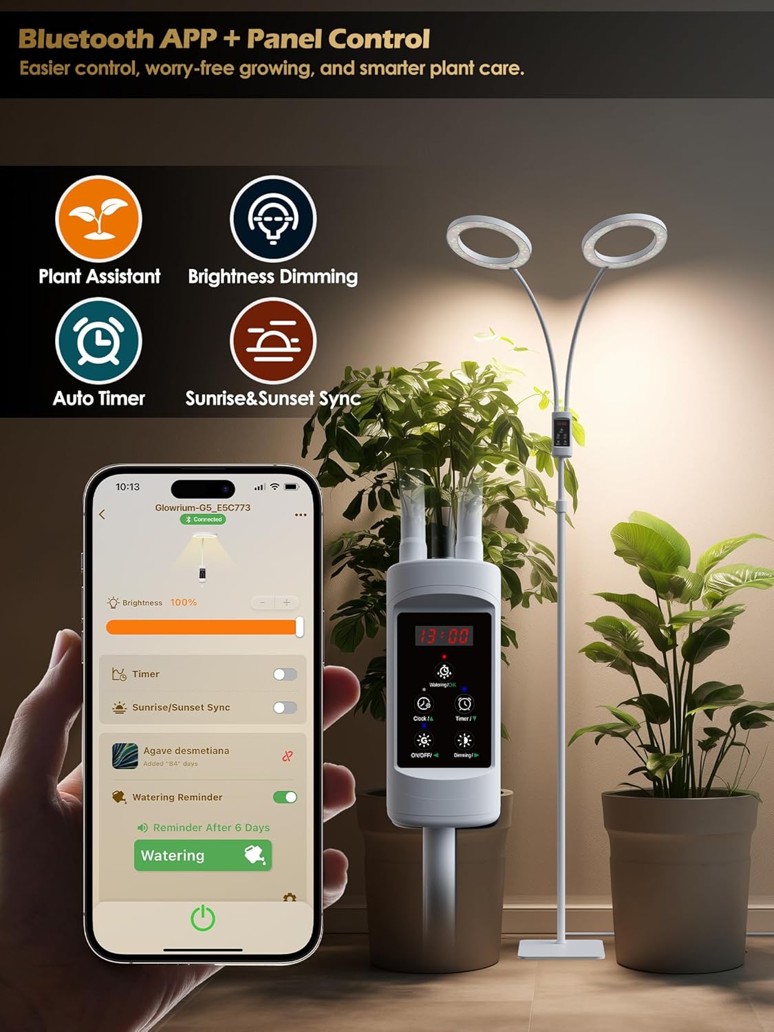 Smart Grow Lights for Indoor Plants,48W 2-Head Plant Light with Auto-Timer, Full Spectrum LED Grow Light, Adjustable Height & Stepless Dimming,Plant Assistant Suitable for Most Plants (White, 48W)