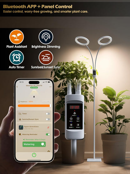 Smart Grow Lights for Indoor Plants,48W 2-Head Plant Light with Auto-Timer, Full Spectrum LED Grow Light, Adjustable Height & Stepless Dimming,Plant Assistant Suitable for Most Plants (White, 48W)