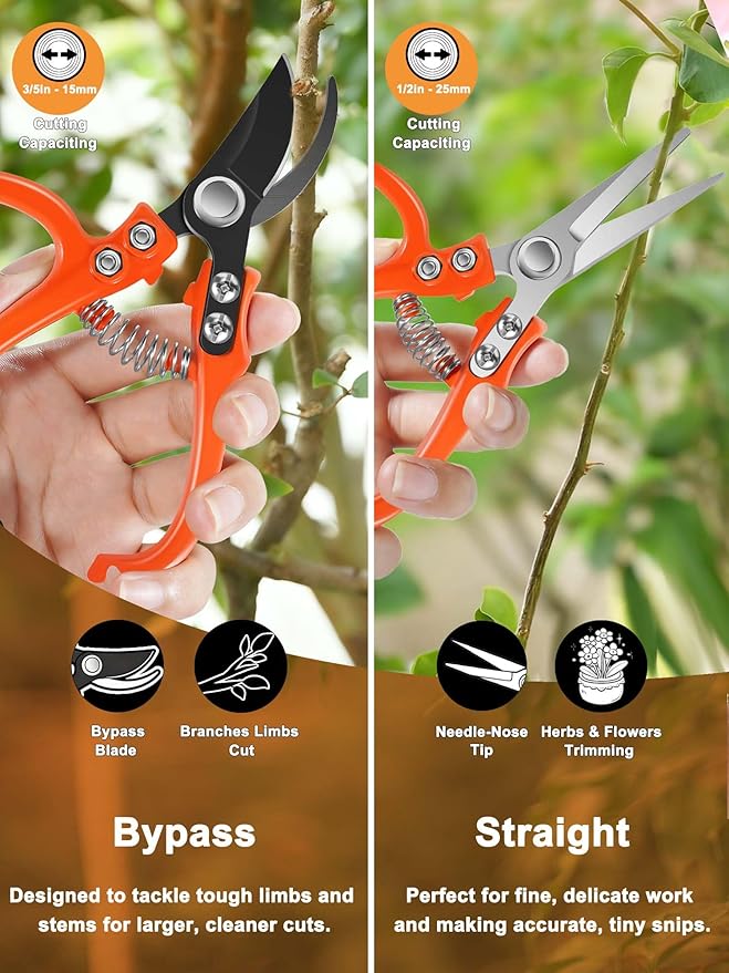 Garden Scissors&Shears Set, Gardening Clippers with Bypass and Needle-Nose Blades for Plants, Floral Scissors for Cutting Flowers Stems, Bonsa, Herbs and Buds, Pruning Snips for Trimming and Shaping