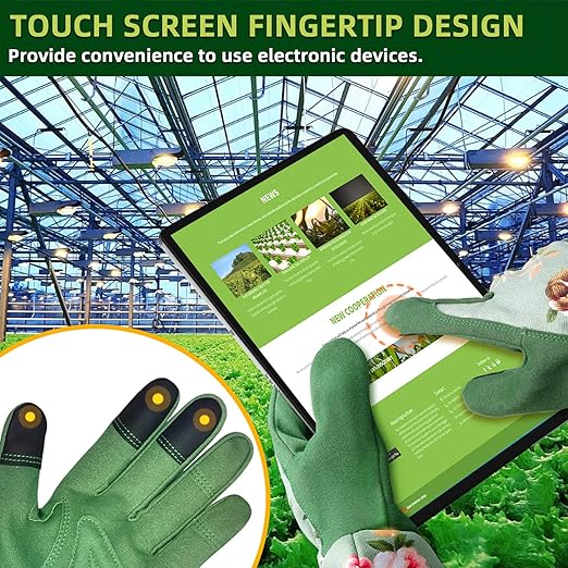 Garden Gloves, Long Sleeve Leather Gardening Gloves for Yard and Gardening Work, Gardening Gifts for Women, Cute, Comfortable, Durable, Green Print (Small)