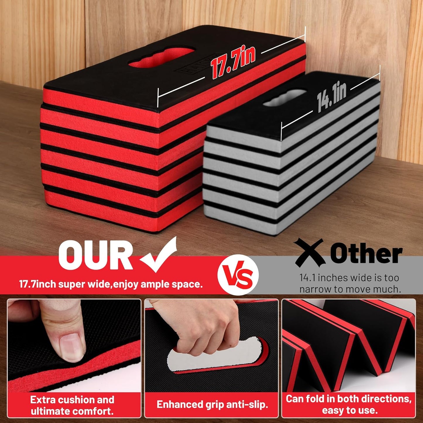 Extra Thick Kneeling Pad for Working Under Car, 47.2 * 17.7 * 1.2" Portable Foldable EVA Mechanic Mat for Garage, Gardening, Yardwork, Workshop, Red & Black