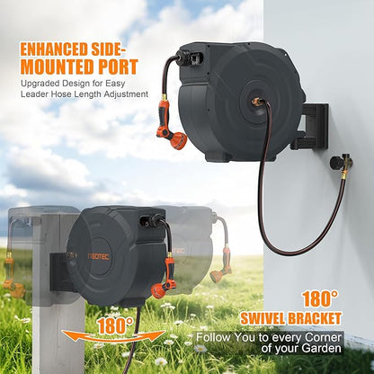 NEOTEC Retractable Garden Hose Reel 1/2 inch x 150ft - Wall Mounted Heavy Duty Hose Reel with 3/4 Inch Brass Fittings & 9-Pattern Nozzle - Auto Rewind System, Any Length Lock, 180° Swivel Bracket