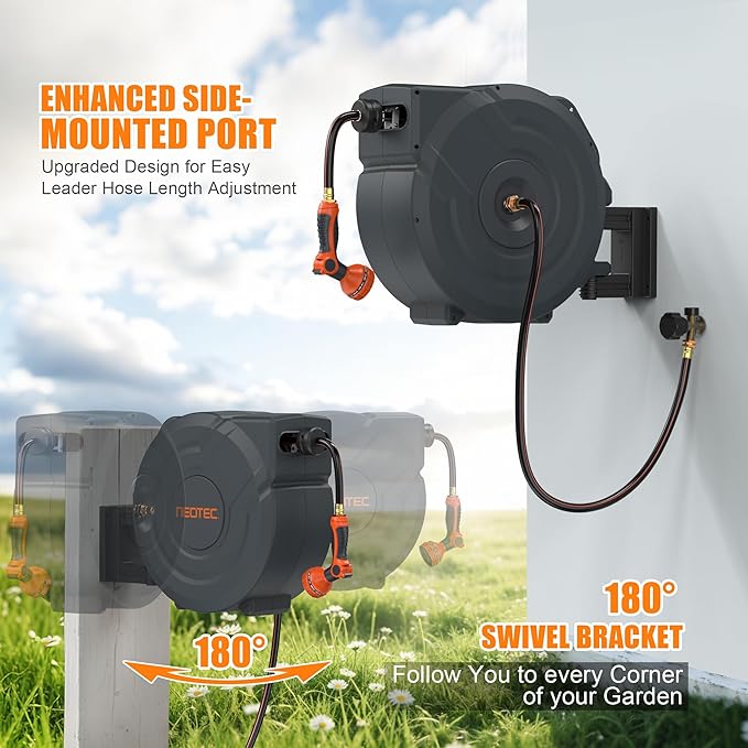 NEOTEC Retractable Garden Hose Reel 5/8 inch x 90ft - Wall Mounted Heavy Duty Hose Reel with 3/4 Inch Brass Fittings & 9-Pattern Nozzle - Auto Rewind System, Any Length Lock, 180° Swivel Bracket