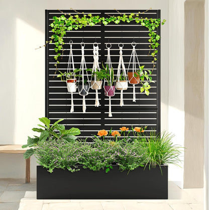 Metal Planter Box with Trellis Raised Garden Bed with Trellis 71"x47"x16", Trellis with Planter Box & Privacy Screen, Metal Planter Box for Climbing Plants, Vegetable, Vines(Black, Louvered)
