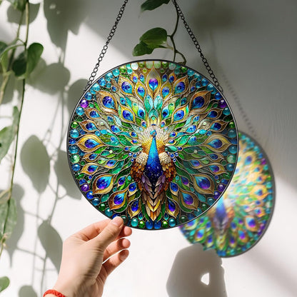 Stained Glass Window Hanging, LAOWEIKI 8'' Peacock Suncatcher, Stained Glass Ornament, Suncatchers for Windows Hanging, Window Decor, Outdoor or Indoor, Gifts for Women, Lovers, Couple, Friend, Bestie