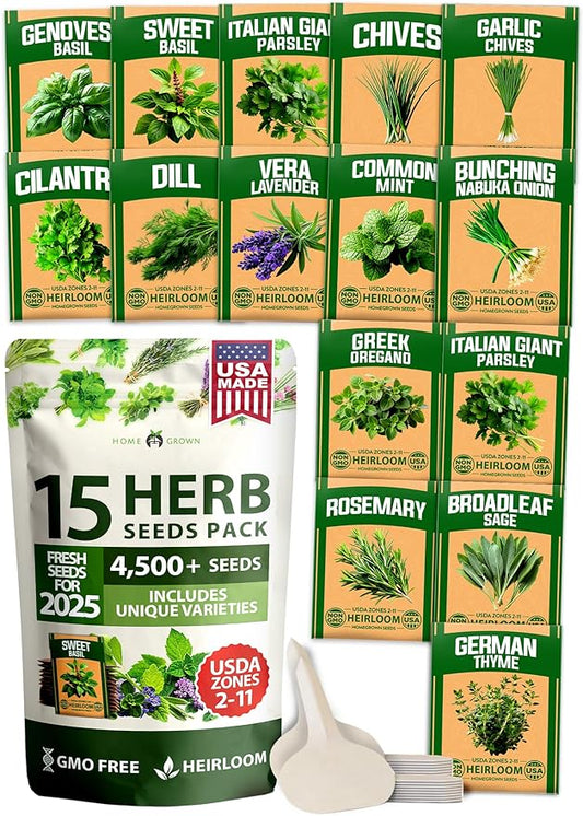 HOME GROWN 15 Herb Seeds for Planting 4,500+ Non-GMO Heirloom Seeds | Extra Large Variety Pack Herb Kit – Indoor Outdoor & Hydroponic | Culinary Seed Set | Grow Your Own Herbs | Gardening Gift
