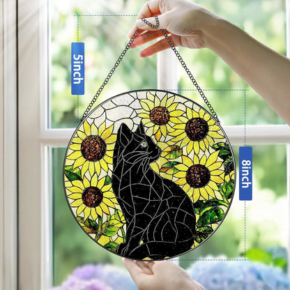 Stained Glass Window Hanging, Pauyadu 8 Inch Sunflower Black Cat Stained Glass Suncatcher, Cats Lover Gifts, Black Cat Memorial Ornament, Window Hanging Decor, Pet Gift, Gifts for Women, Mom
