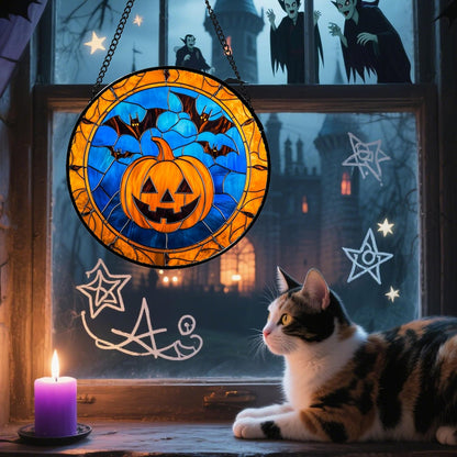 Stained Glass Window Hanging - Halloween Evil Pumpkin Suncatcher for Doors Window Garden Indoor Spooky Brown Bat Sun Catchers Gothic Decor Horror Gifts for Women Men Friend Boy Girl 9.8 in