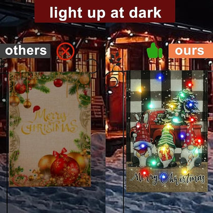 Merry Christmas Garden Flag Outdoor Decorations, Led Red Truck with Three Gnomes Yard Flag, 12x18 Double Sided Solar Lighted Winter Christmas Decor (Three Dwarves)