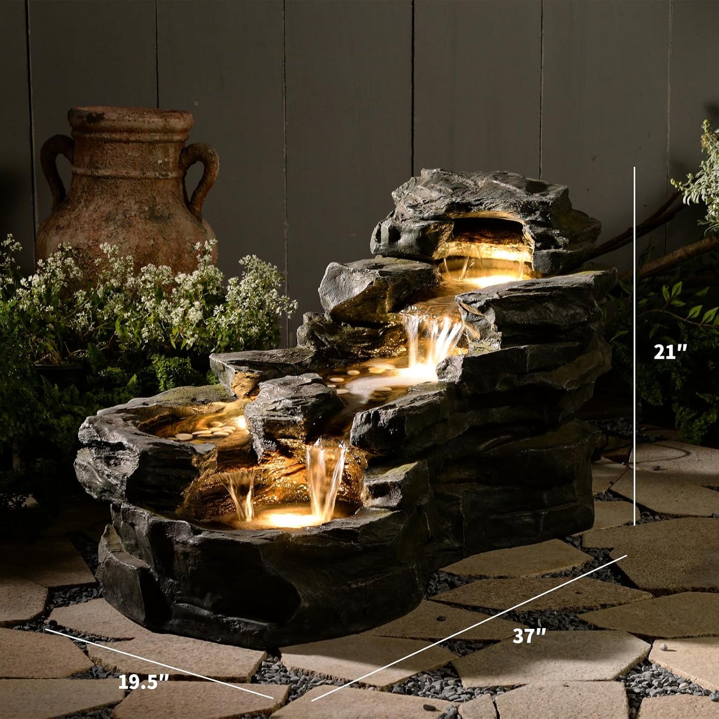 37" L Garden Outdoor Water Fountain, Floor Standing 5-Tiers Rock Natural Waterfall Outdoor Fountains with LED Lights for Patio, Porch, Home Art Decor