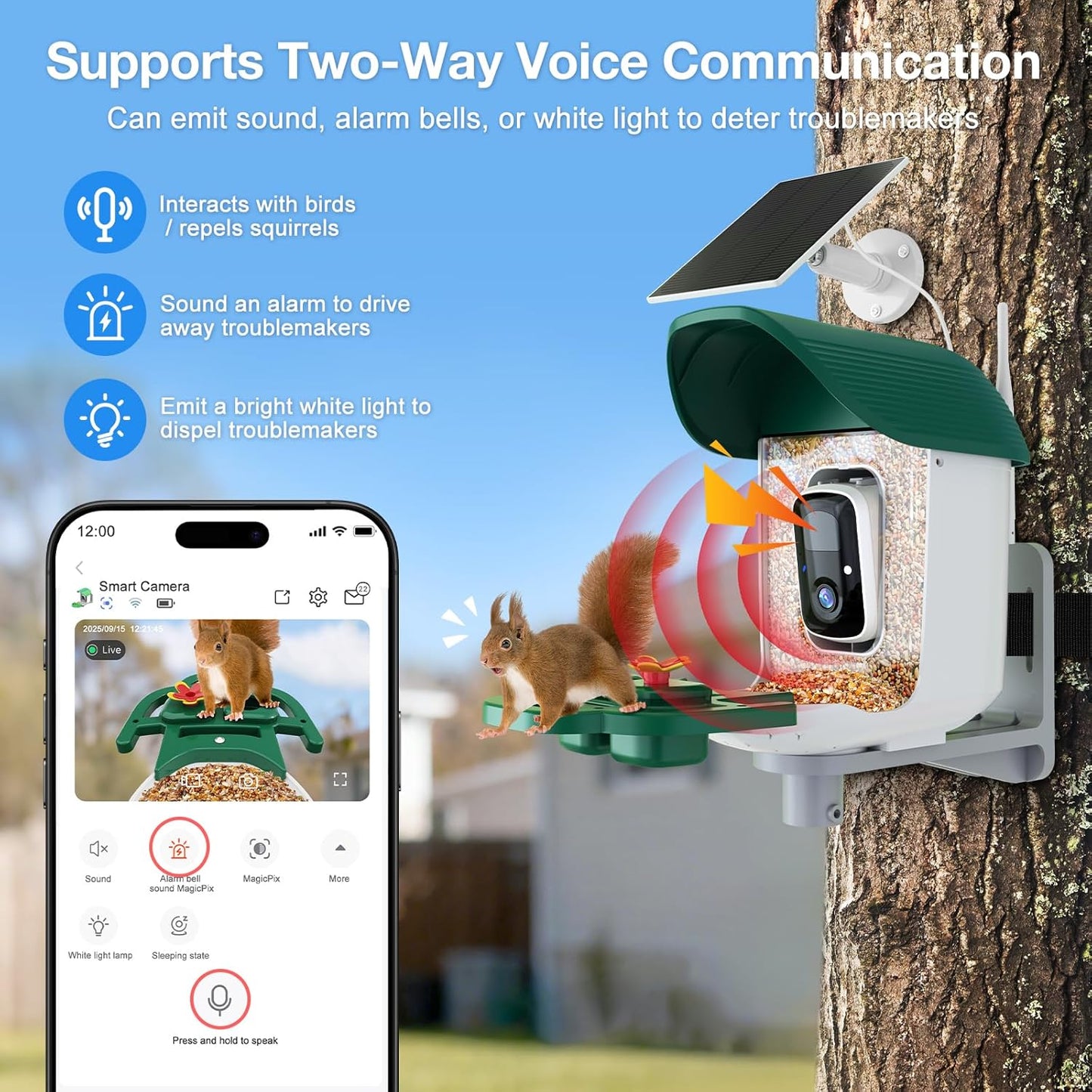 Smart Bird Feeder with 3MP HD Camera & AI Identify, Hummingbird Feeder with Solar Panel, Supports Two-Way Audio, Instant Arrival Alerts, Birdhouses for Outdoors, Gifts for Bird Lovers, Green