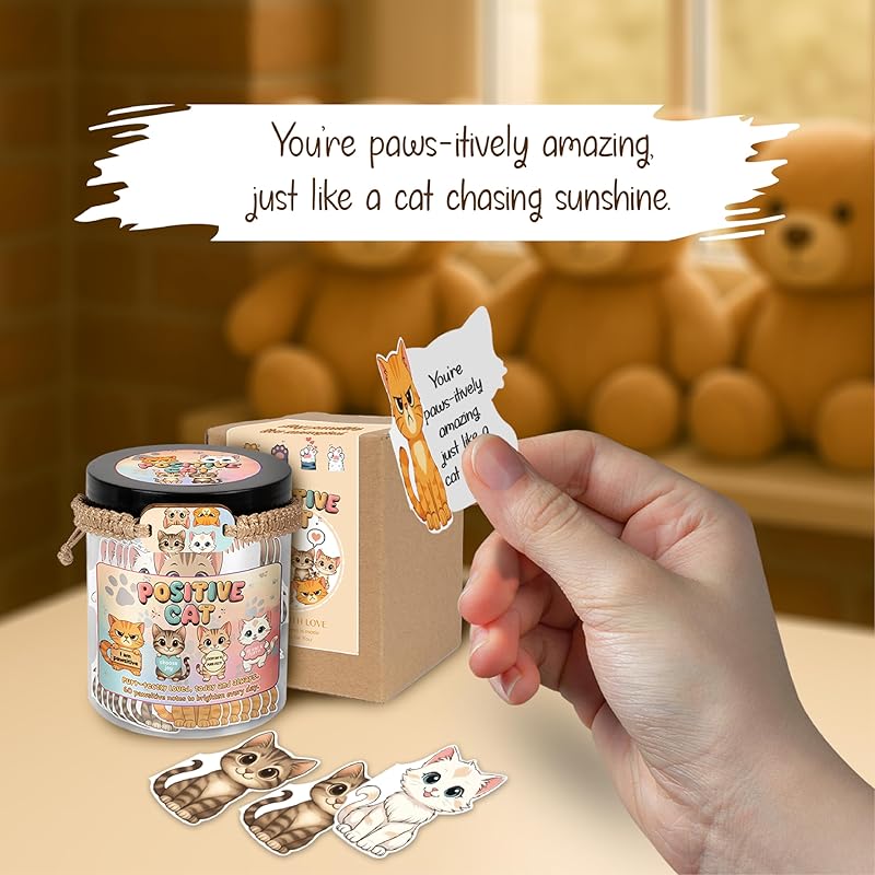 Positive Cat Jar - 60 Affirmation Cards With Cat Bracelet, Emotional Support Cat, Cat Themed Gifts, Stress Relief & Against Anxiety Cards, Cat Gifts, Cat Lover Gifts For Women, Teen Girl Gifts