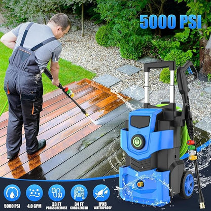 Professional Pressure Cleaner 5000 PSI,4.0 GPM Heavy Duty Power Cleaner with 4 Nozzles,Foam Cannon,33FT Hose and 500ml Soap Bottle for Home/Cars (Blue)