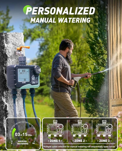 RAINPOINT Sprinkler Timer 3 Zone, Programmable Water Timer for Garden Hose,Hose Faucet Timer, Hose Timers for Watering with Automatic/Manual/Rain Delay/Watering Mode, IP65 Waterproof, Large LCD
