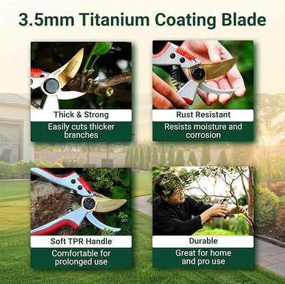 Gardeness Titanium Bypass Pruning Shears- SK5 Steel Garden Clippers For Gardening, Florist cutters-Floral Secateurs with Soft Comfort Grip Handles for Trimming Flowers, Branches, Shrubs and Plants
