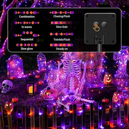 2-Pack Solar String Lights,78Ft Extra-Long 200 LED Waterproof Solar Halloween Lights, 8 Modes for Garden, Patio, Wedding (Purple & Orange)
