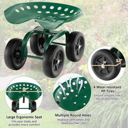 Goplus Garden Cart with Wheels, Utility Stool Cart w/Adjustable 360 Degree Swivel Seat, Outdoor Lawn Yard Rolling Work Seat, Garden Scooter for Planting (Green)