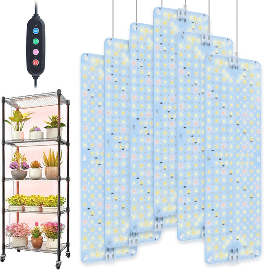 6Pack 2025 Ultra-Thin Panel Grow Lights for Seed Starting, Vegetables, Greenhouse & Under Cabinet & Shelf Plants with Timer 4/8/12H, Free Connect Full Spectrum Indoor LED Plant Growing Lamps