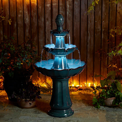 Glitzhome Outdoor Fountain and Waterfalls 3 Tier Patio Fountains, 45" H Turquoise Ceramic Water Fountain with LED Light, Pump & Adapter Garden Outdoor Floor Stand Fountains for Backyard Deck Lawn