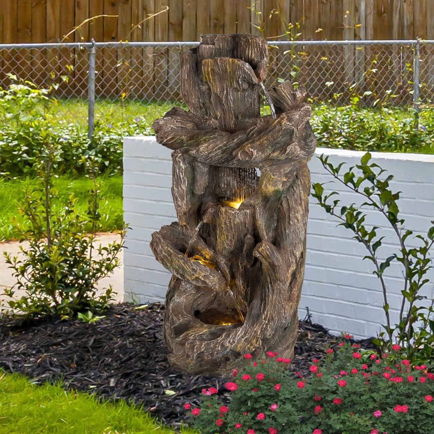 Ferrisland 5-Tiered Tree Trunk Large Water Fountain with LED Lights and Pump, 39.8" Tall Outdoor Freestanding Fountain, Realistic Wood Natural Looking Floor Resin Statue for Garden Patio & Backyard