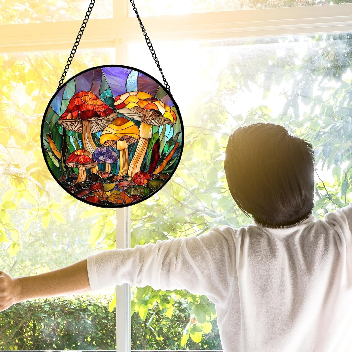 Stained Glass Window Hanging, Jungle Mushrooms Sun Catchers Diamond Glass Panel Hangings Plant Suncatcher Decor for Birthday for Women, Men, Wife, Aunt, and Mom 7.8 in