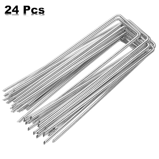 HARFINGTON 24pcs Garden Ground Stakes 6" U Pegs Galvanized Iron Landscape Staples Pointed Tip Loop Stake for Anchoring Lawn Ground Tubing Drip Irrigation Hoses