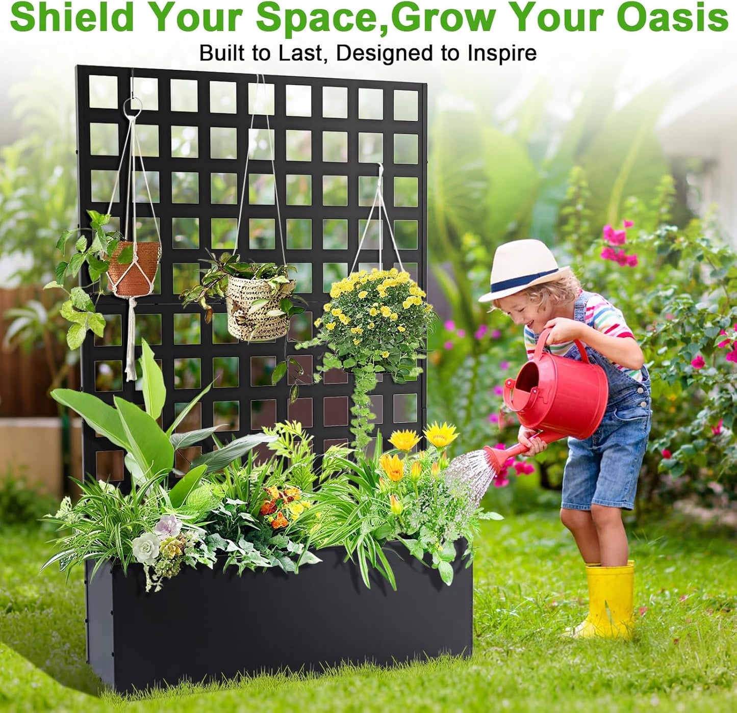 GarveeLife Metal Planter Box with Trellis, 71 in x47 in x12 in Raised Garden Bed with Trellis, Outdoor Garden Box with Privacy Screen & Drainage Holes for Climbing Plants Flower Vegetable, Black