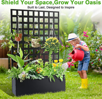GarveeLife Metal Planter Box with Trellis, 71 in x47 in x12 in Raised Garden Bed with Trellis, Outdoor Garden Box with Privacy Screen & Drainage Holes for Climbing Plants Flower Vegetable, Black