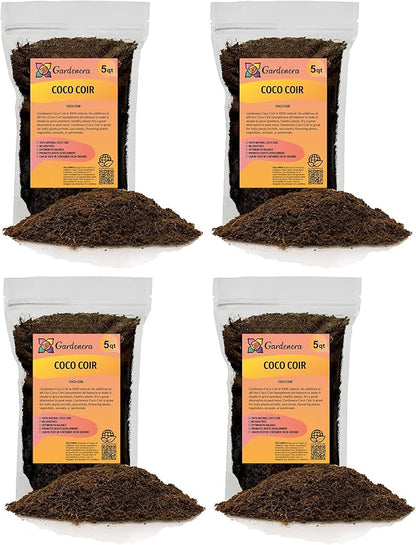 Premium Organic Coconut Coir Mix for Home Gardening - 20 Quart - All Natural Soil Amendment - PH Balanced and Double Washed Coco Coir by Gardenera (4 Bags of 5 Quart)