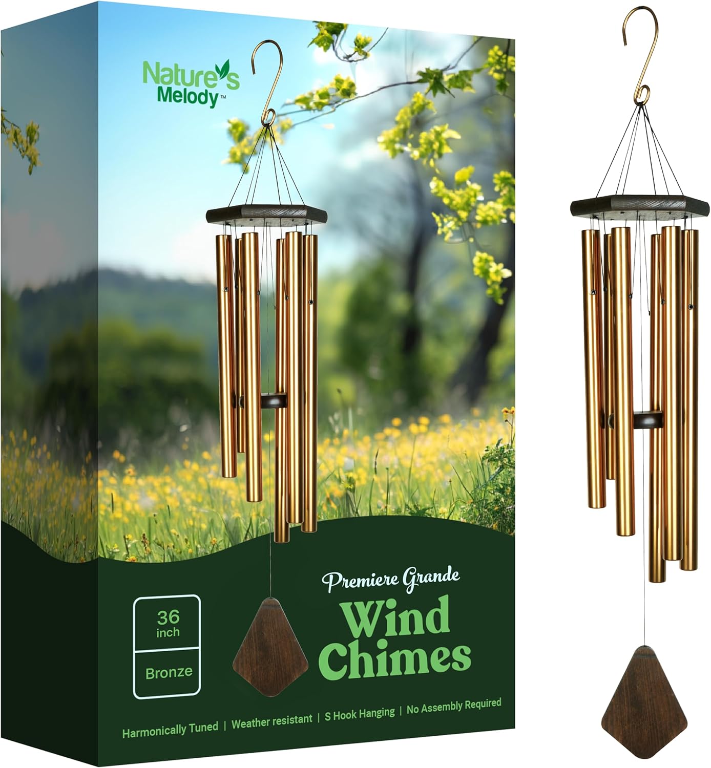 Nature’s Melody Premiere Grande Tunes Wind Chimes – Outdoor Windchime with 6 Tubes Tuned to E Pentatonic Scale, Rustproof Aluminum, Beech Wood & S Hook Hanger for Sympathy, Memorial Gift or Zen Garden