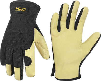 HANDLANDY Men Leather Gardening Gloves, Utility Work Gloves for Mechanics, Construction, Driver