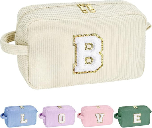 YOOLIFE Daughter Gifts Initial Makeup Bag - Cosmetic Bag Makeup Bag Makeup Pouch Make Up Bag Makeup Bags for Women Corduroy Makeup Bag Cute Makeup Bag Personalized Gifts for Women Her White Letter B