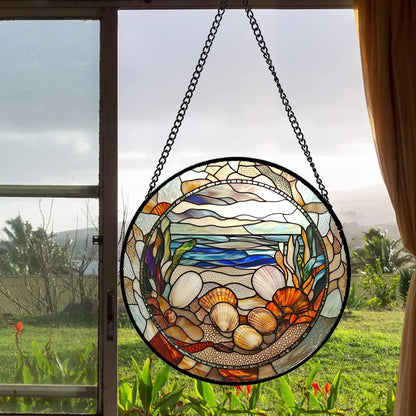 Stained Glass Window Hanging Conch Shells Ocean Seaweed 6.3" - Suncatcher Door Garden Sunroom Sun Catcher Home Decor Housewarming Birthday for Mom Grandma Men Woman
