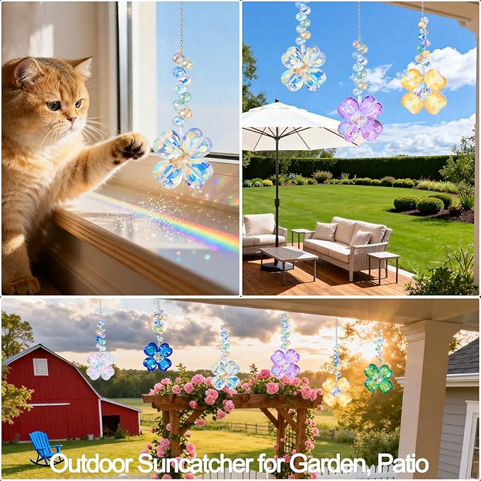 6pcs Crystal Clover Suncatchers Hanging Ornaments, Rainbow Maker Sun Catchers Indoor Window Outdoor Patio Garden Decor Gifts (Clover)